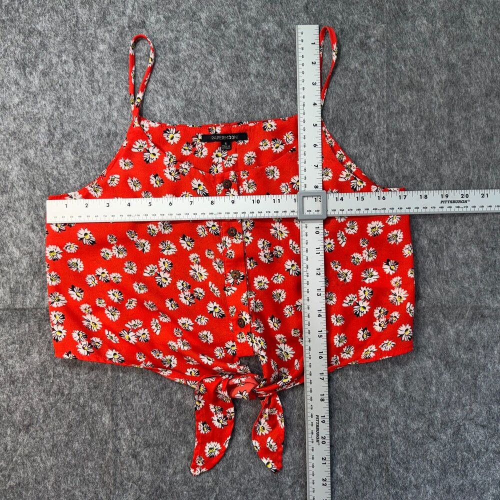 Papermoon Women Top Sz S Red Flower Print Buttons Round Neck Straps Front Tie - Picture 6 of 9